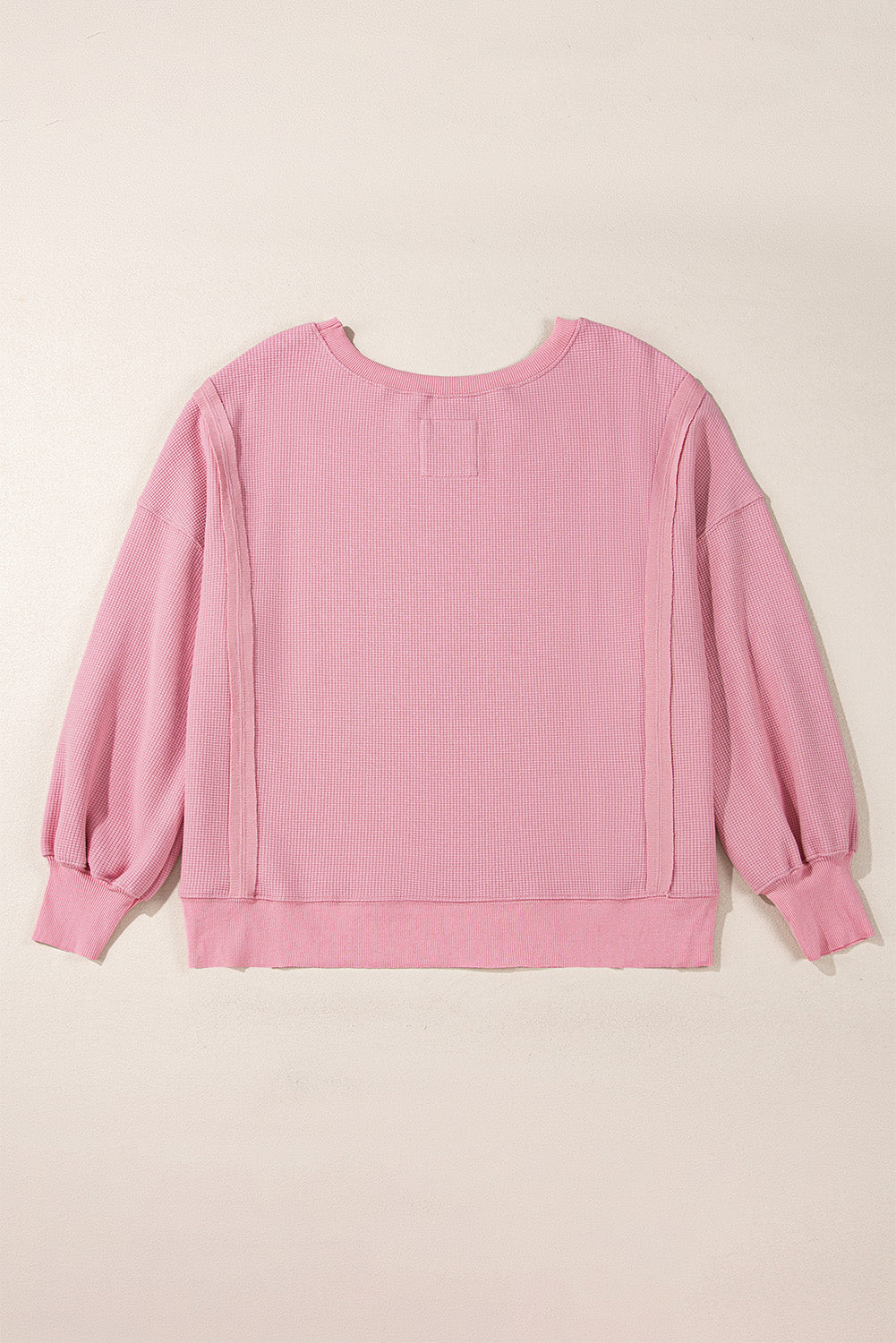 Pink Waffle Knit Bishop Sleeve Split Oversized Sweatshirt