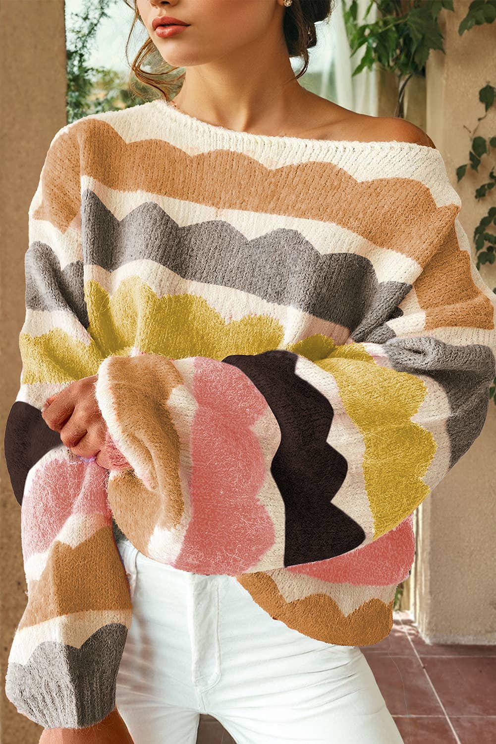 Wave Striped Balloon Sleeve Drop Shoulder Sweater