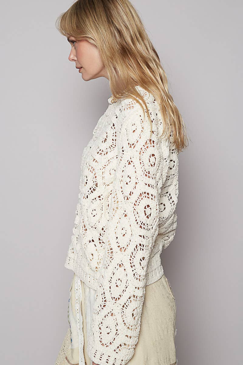 POL Round neck open knitted crochet solid sweater