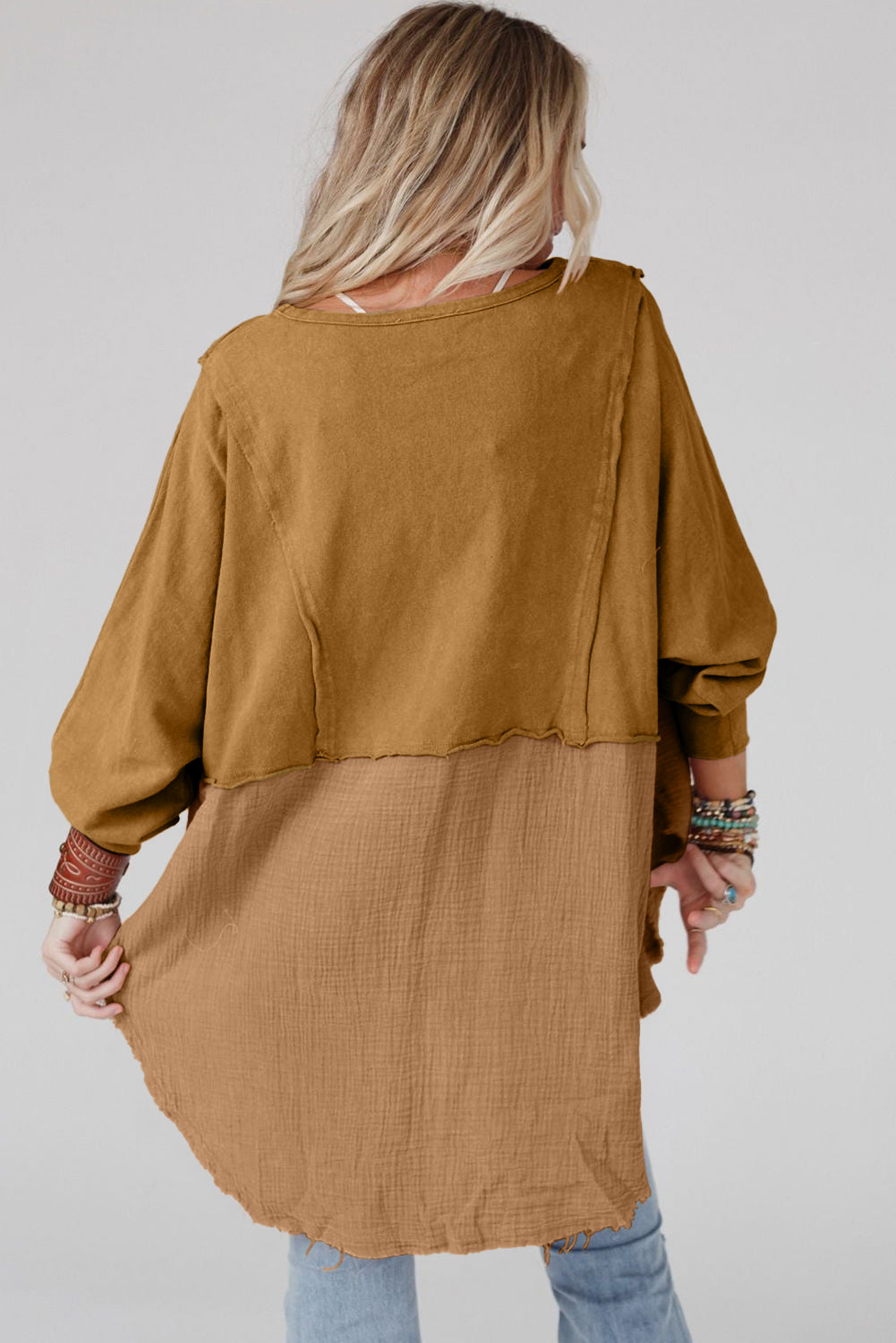 Camel Crinkle Splicing Raw Hem High Low Oversized Blouse