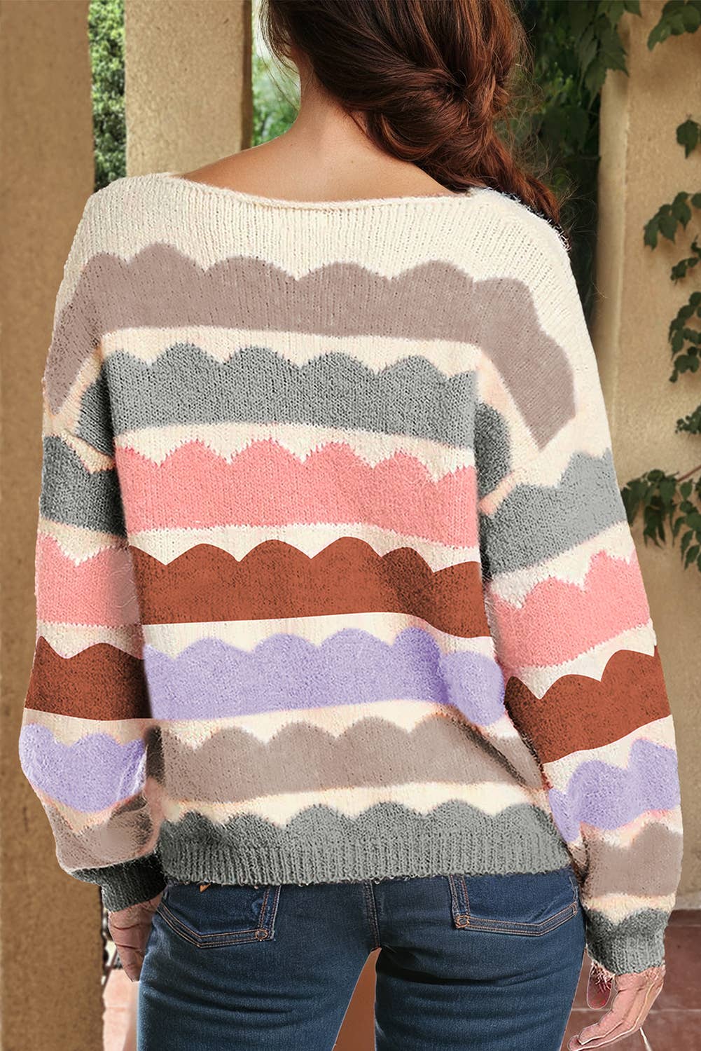 Wave Striped Balloon Sleeve Drop Shoulder Sweater