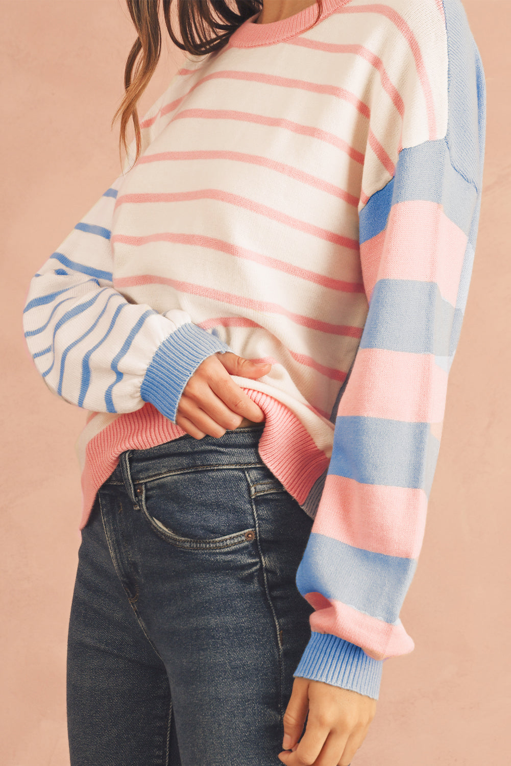 Pale Chestnut Striped Colorblock Pullover Sweater