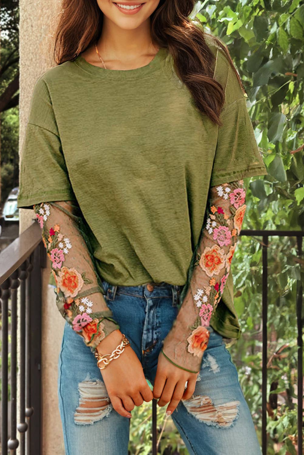 Floral Embroidered Mesh Patchwork Sleeve Crewneck Top