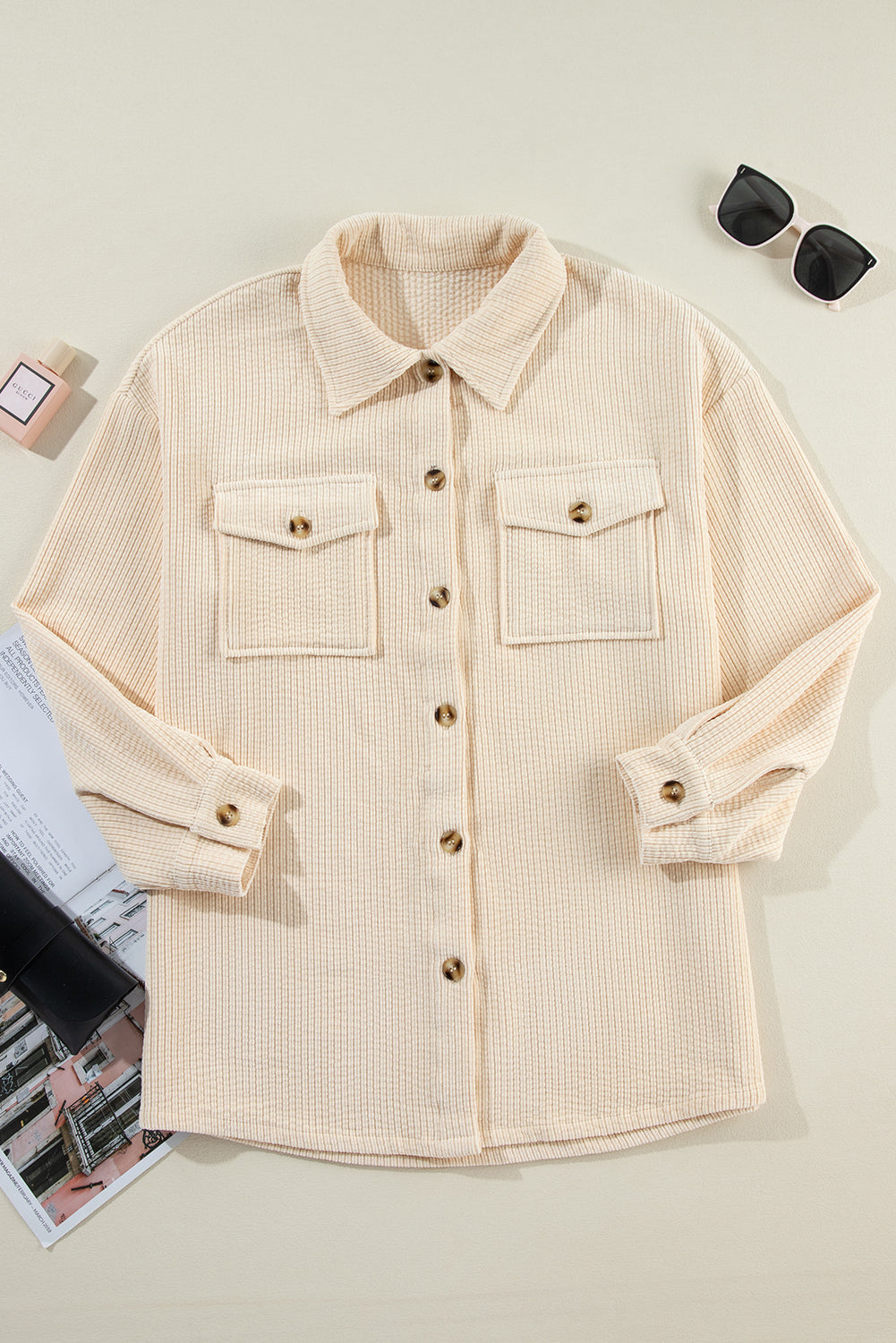 Light Pink Corduroy Flap Pocket Button Up Shacket