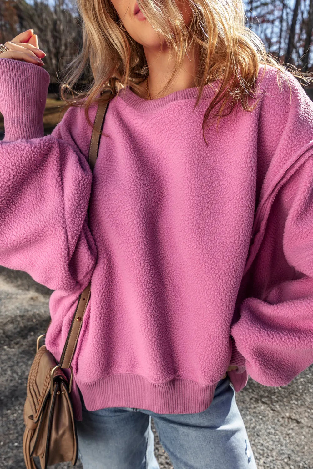 Slit Round Neck Long Sleeve Sweatshirt