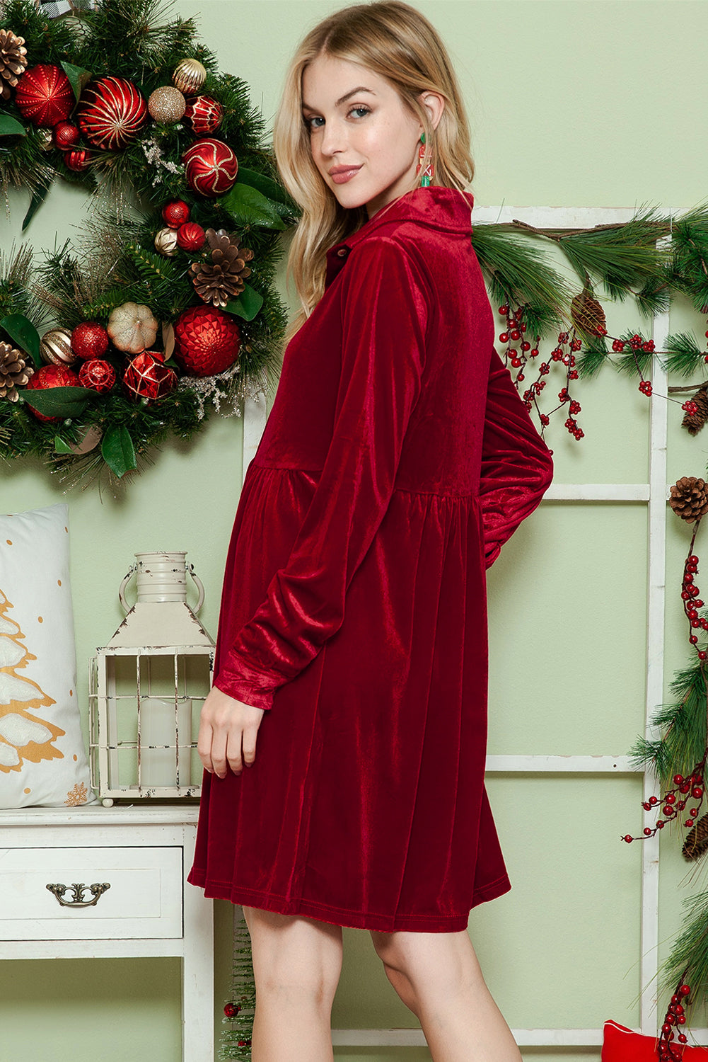 Red Long Sleeve Ruffle Velvet Button Up Shirt Dress