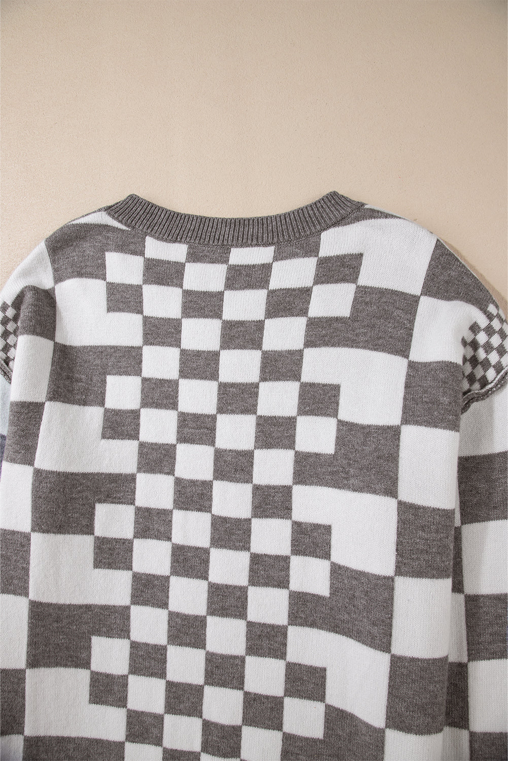 Khaki Checkered Drop Shoulder Round Neck Sweater