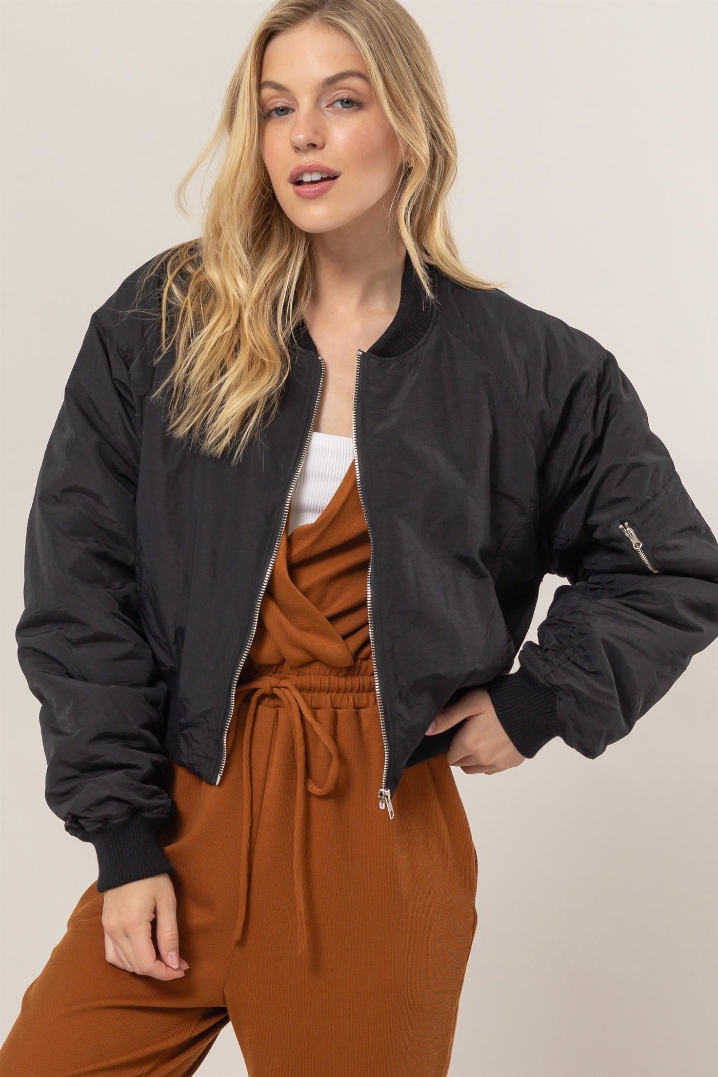 Ruched Bomber Puffer Jacket