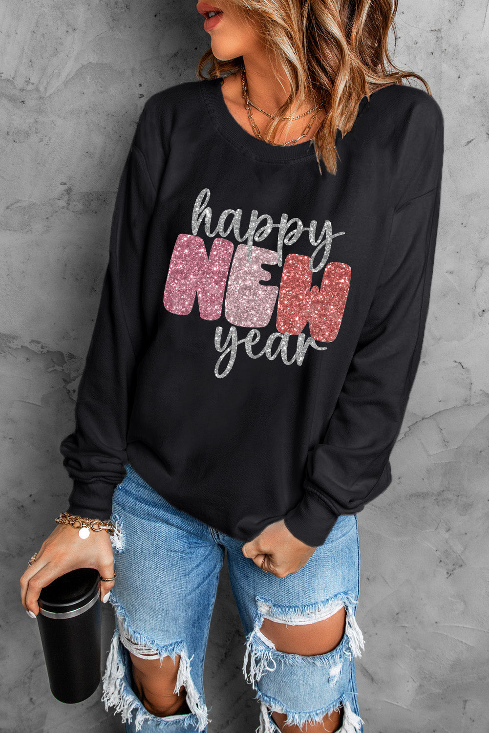 Black Happy New Year Graphic Sweatshirt