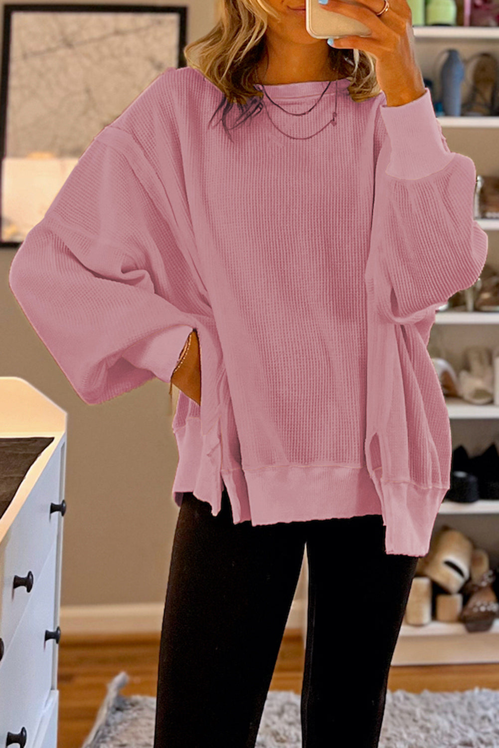 Pink Waffle Bishop Sleeve Split Oversized Sweatshirt