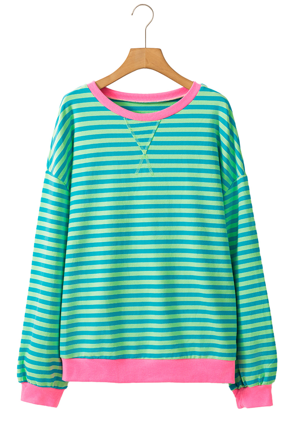 Blue Stripe Contrast Edge Cross Seam Oversized Pullover