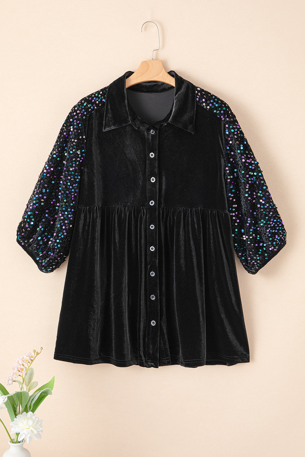 Black Velvet Sequin Puff Sleeve Button Babydoll Blouse