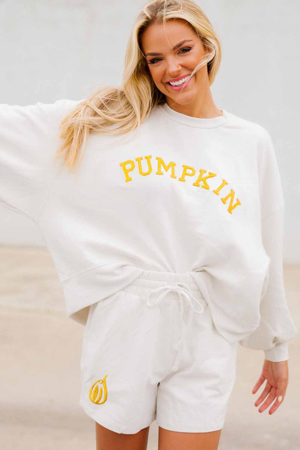 White PUMPKIN Flocking Graphic Pullover Sweatshirt and Shorts Set