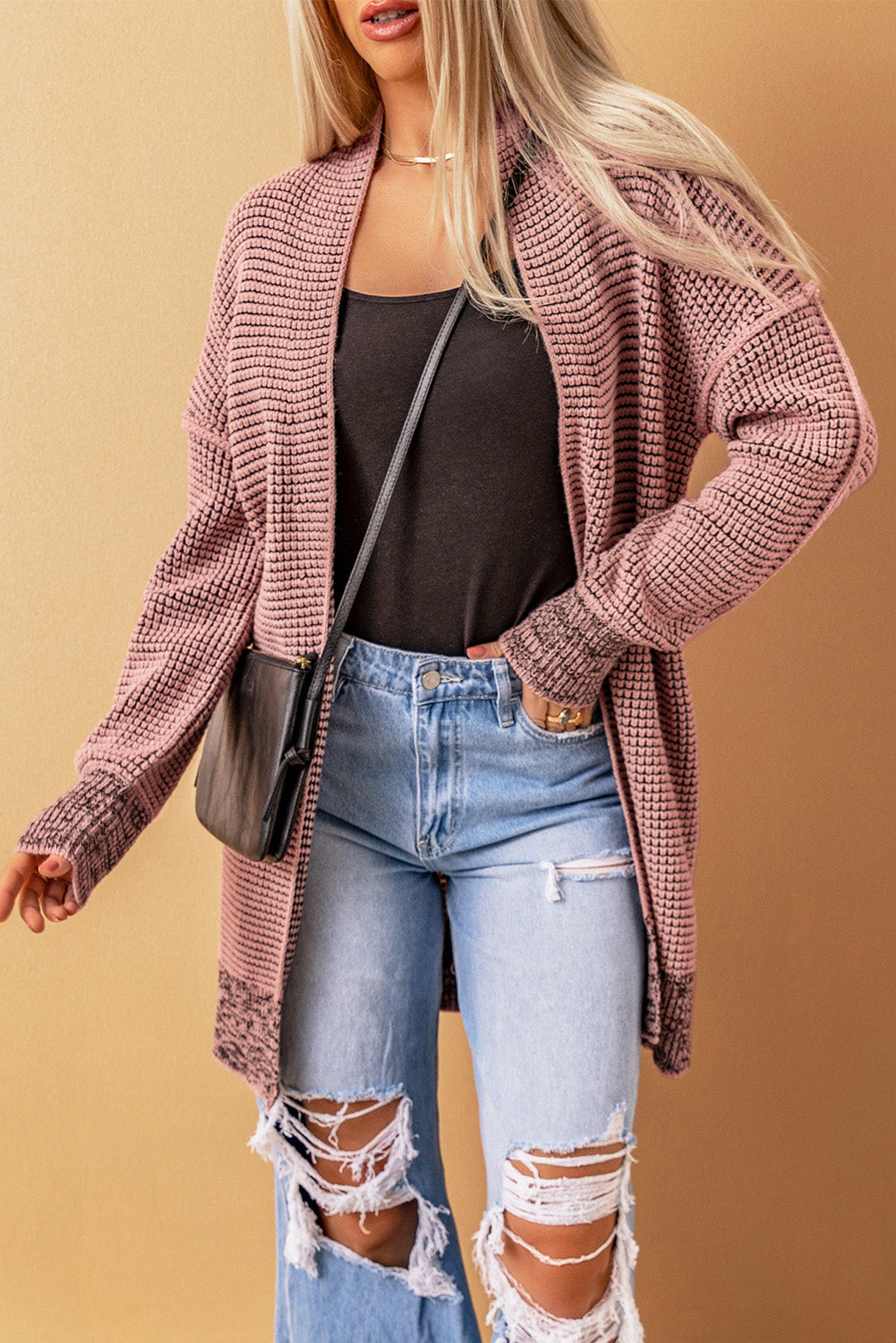 Rose Plaid Contrast Trim Casual Knit Long Cardigan