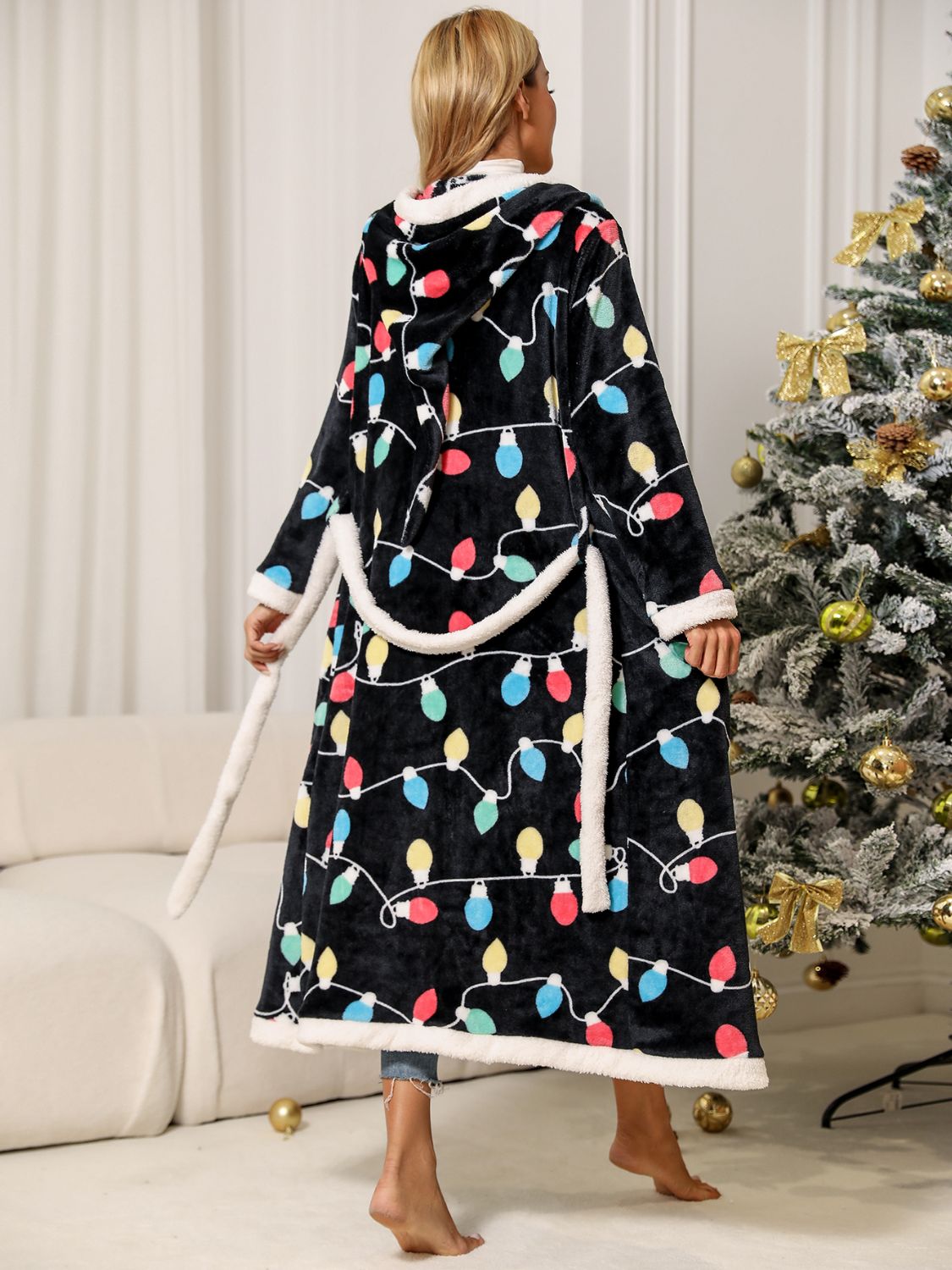 Christmas Tie Waist Hooded Robe