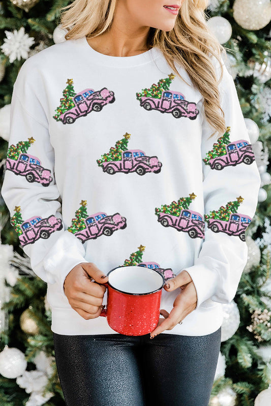 Beige Sequins A Truck of Christmas Tree Graphic Sweatshirt