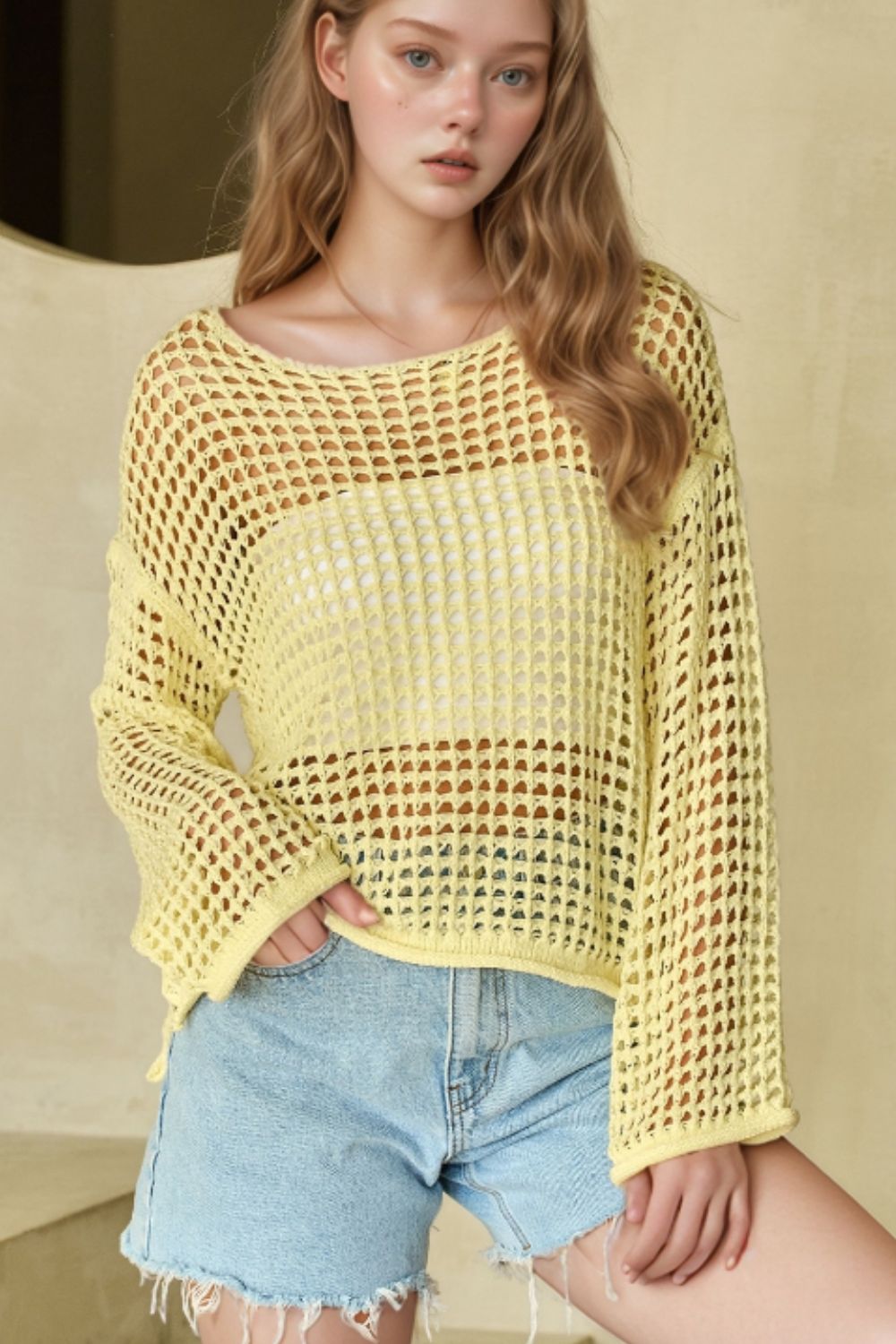 Openwork Round Neck Dropped Shoulder Knit Cover Up