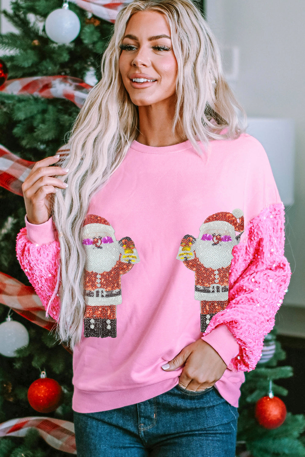 Pink Santa Claus Sequin Sleeve Crewneck Sweatshirt