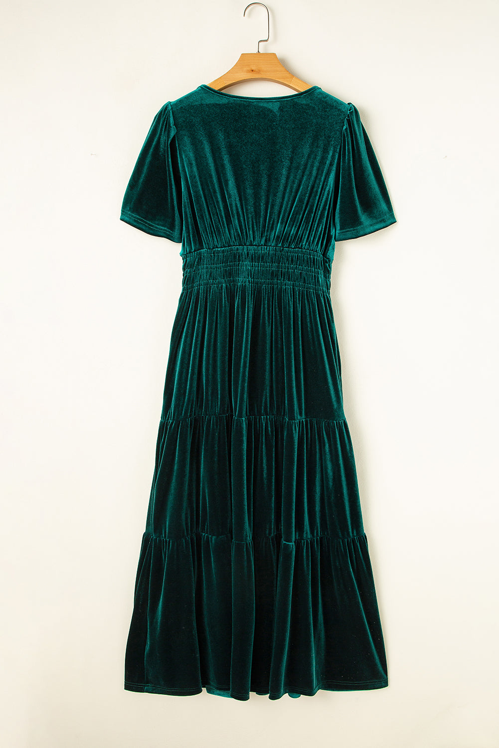 Prussian Blue Velvet Short Sleeve Shirred Waist Tiered Maxi Dress