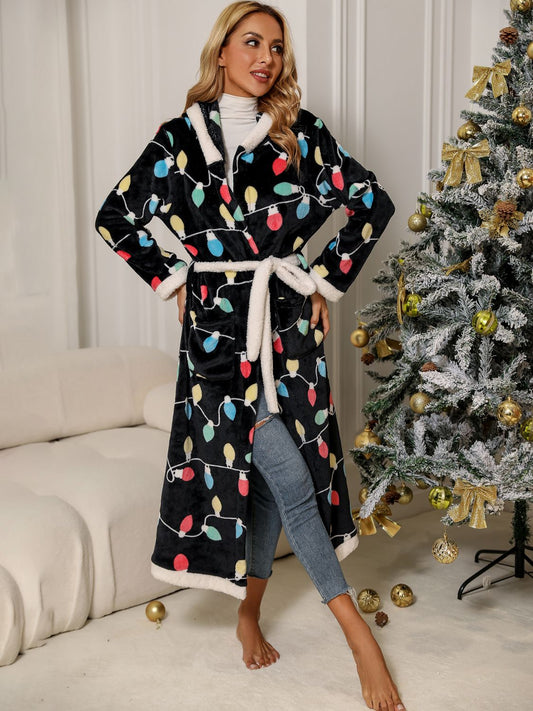 Christmas Tie Waist Hooded Robe