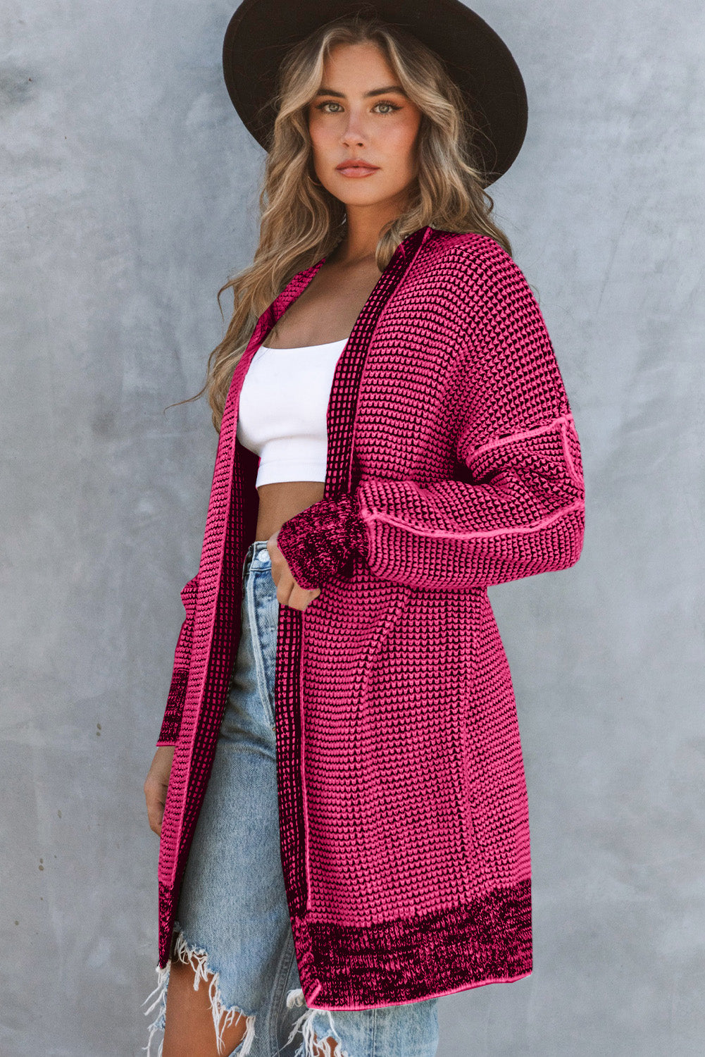 Rose Plaid Contrast Trim Casual Knit Long Cardigan