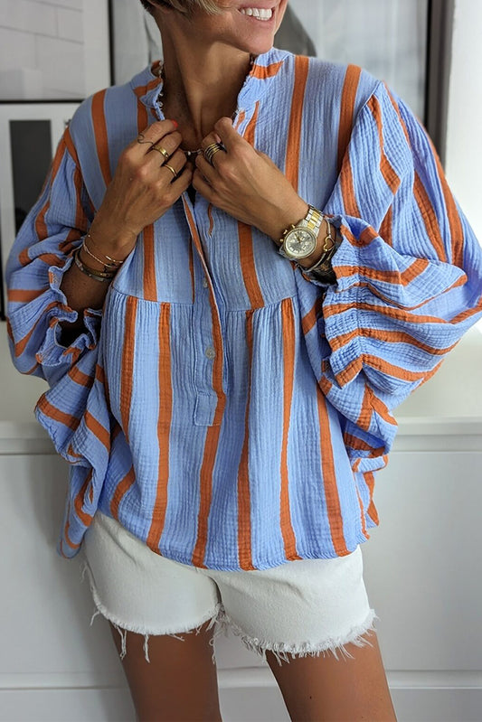 Sky Blue Stripe Crinkled Ruffled Sleeve Button Up Loose Shirt