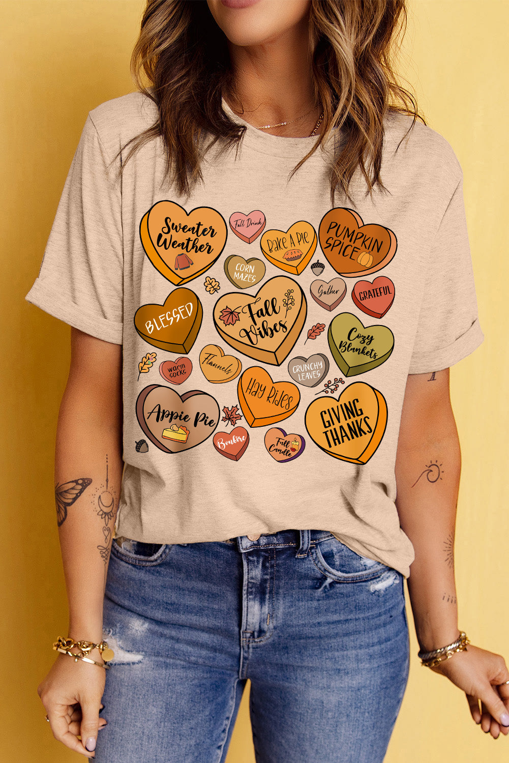 Khaki Thanksgiving Candy Heart Letter Graphic Round Neck Tee