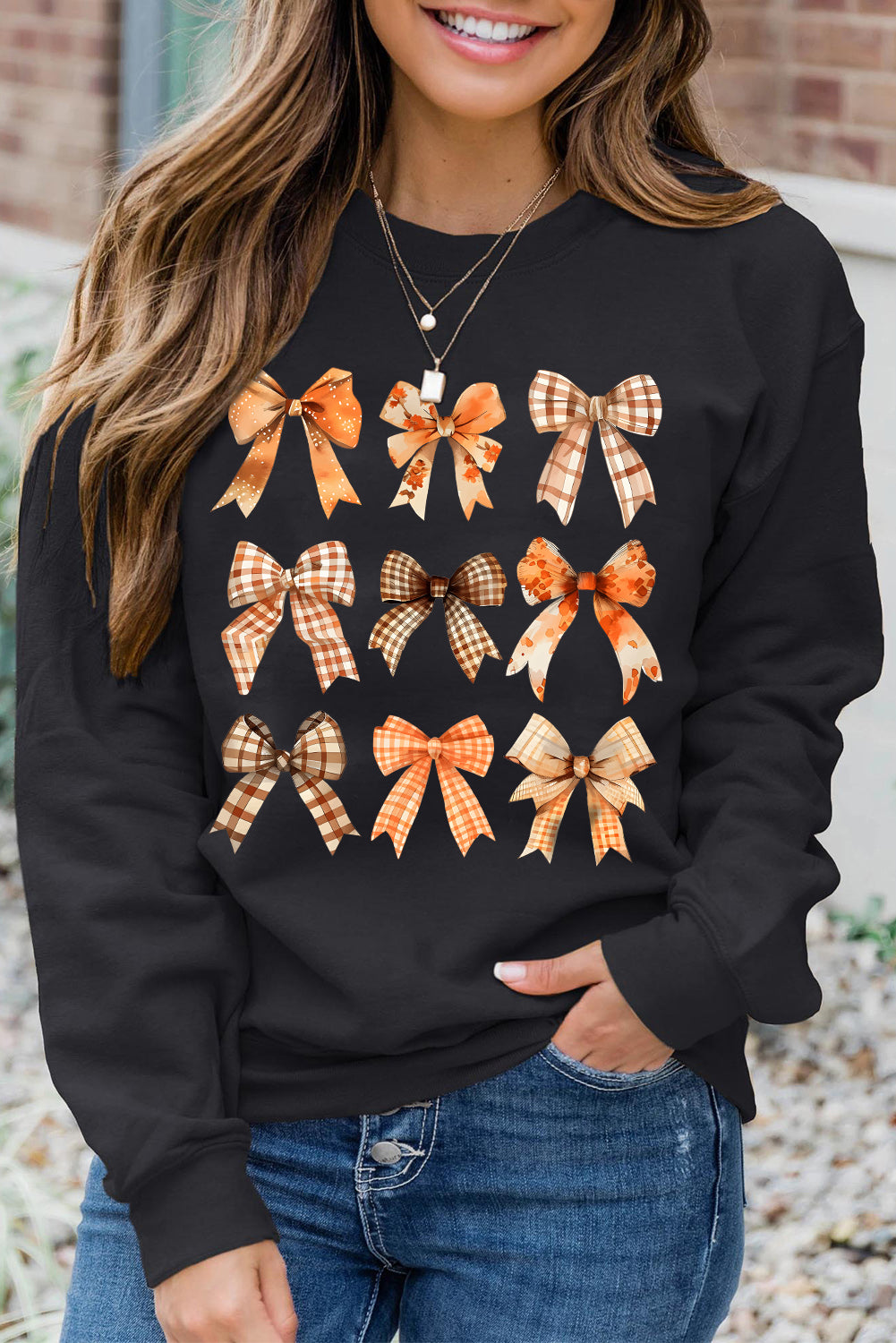 Black Plaid Bowknot Graphic Round Neck Sweatshirt