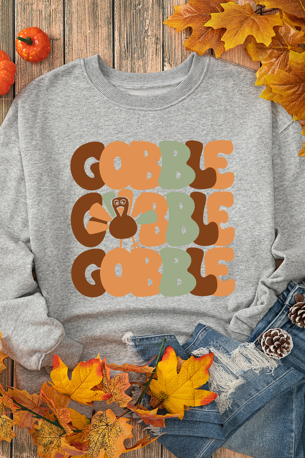 Gray GOBBLE Turkey Drop Shoulder Pullover Sweatshirt