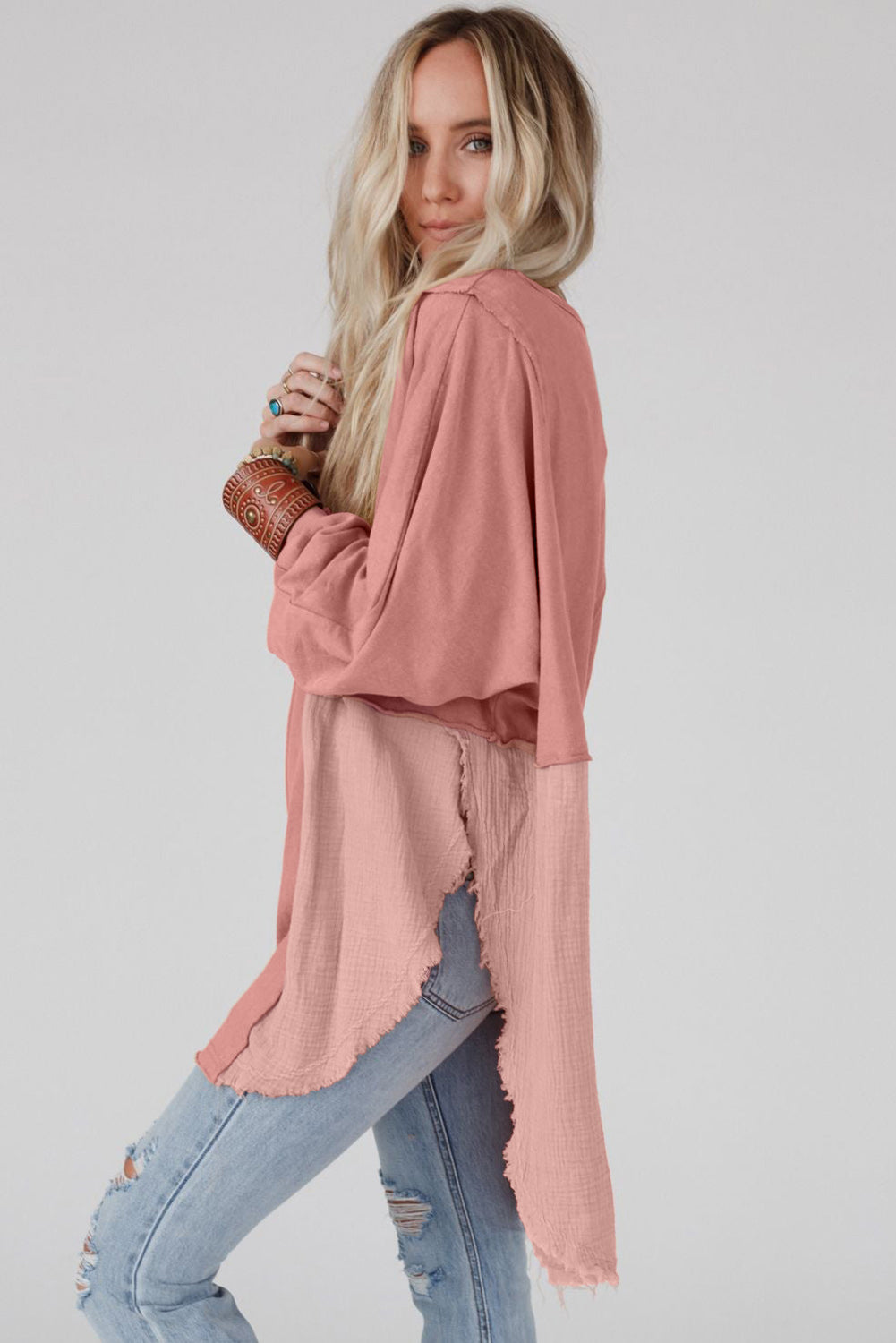 Rose Pink Crinkle Splicing Raw Hem High Low Oversized Blouse