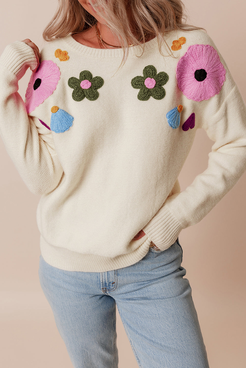 Beige Knitted Flower Pattern Ribbed Edge Sweater