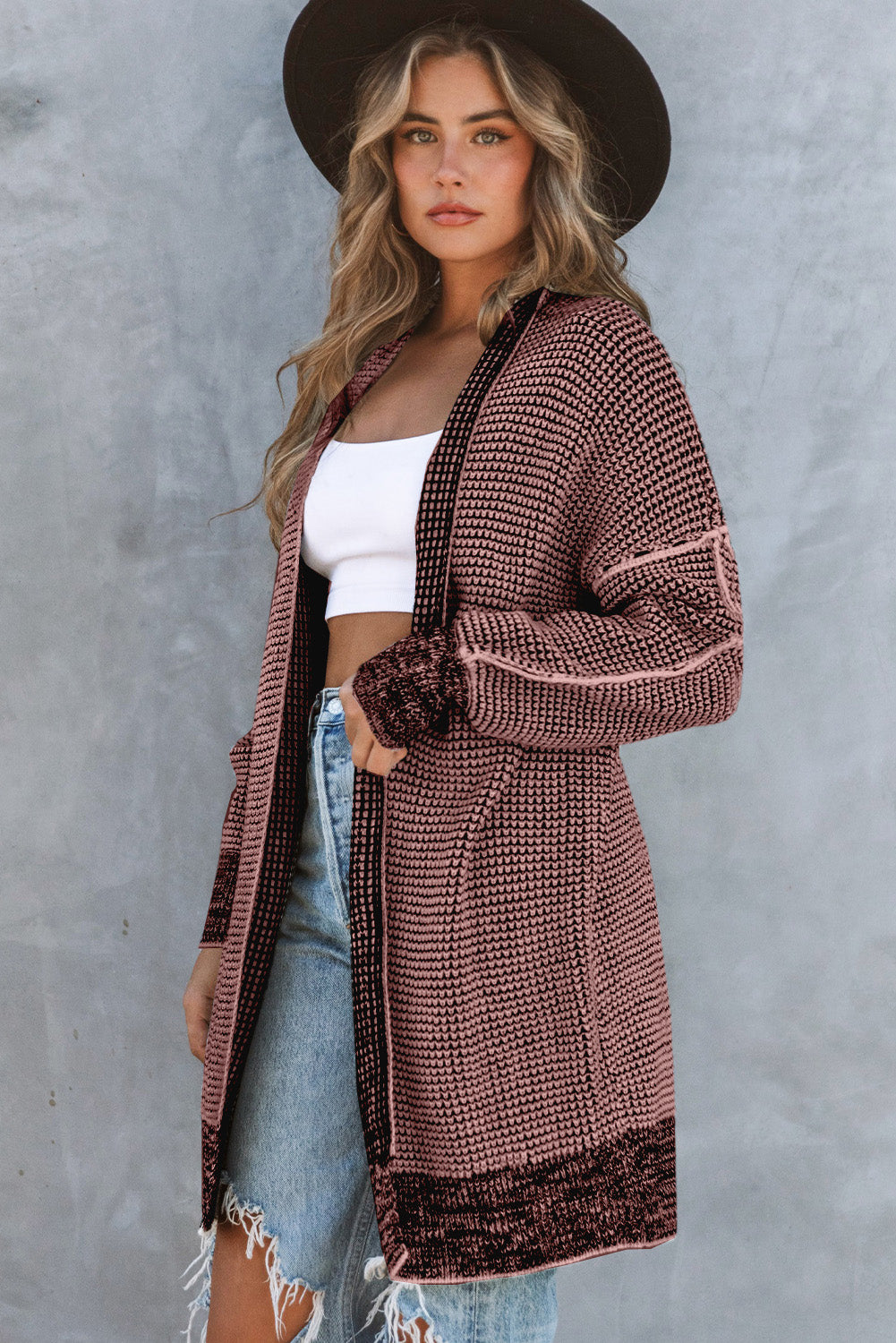 Rose Plaid Contrast Trim Casual Knit Long Cardigan