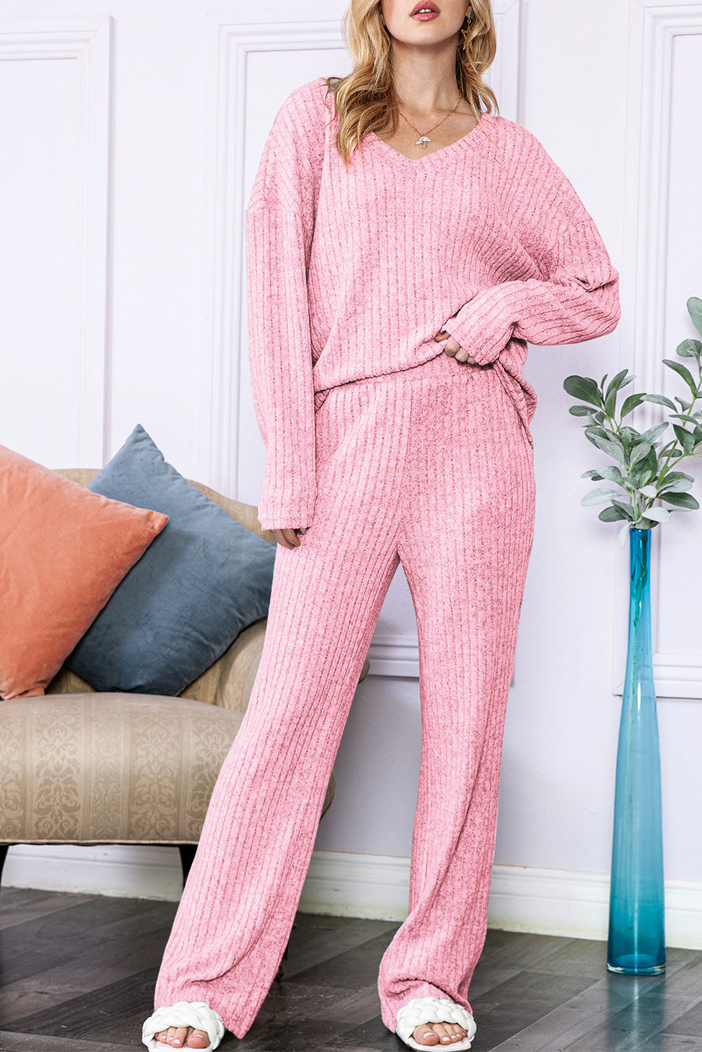 Light Pink Slouchy Ribbed Knit V Neck Top & Pants Loungewear Set