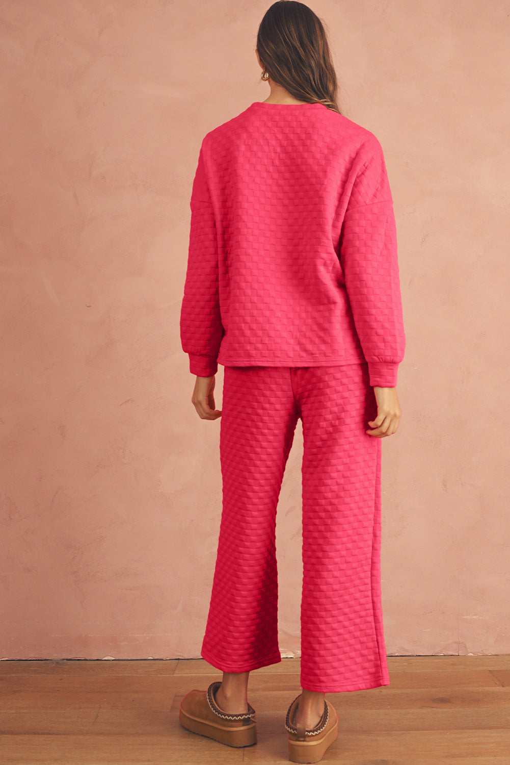 Strawberry Pink Checkered Textured Split Pullover Top and Pants Set