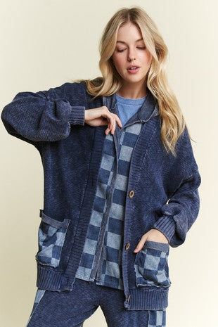 JHER Mineral Wash Checkerboard Hoodie Sweater Cardigan