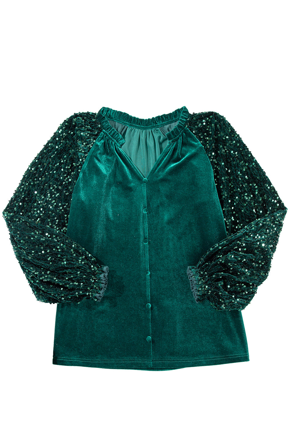 Evergreen Velvet Sequin Patchwork Sleeve Button Up Blouse