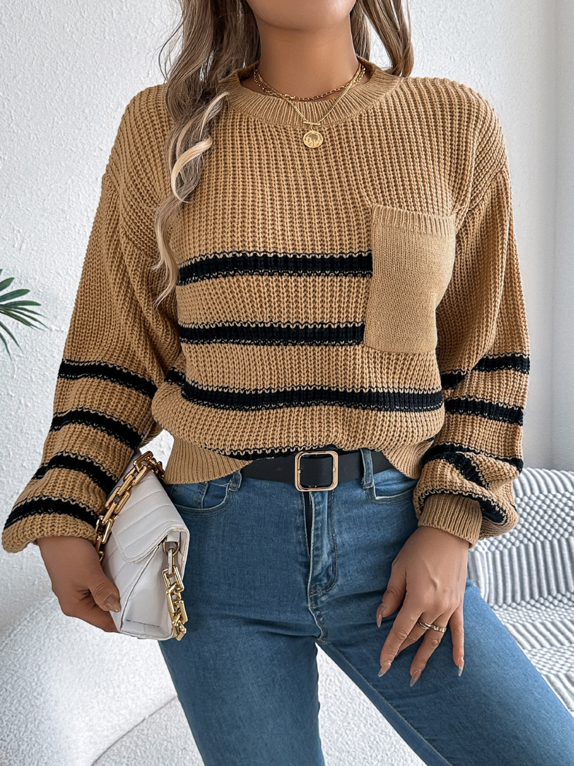 Striped Round Neck Long Sleeve Sweater