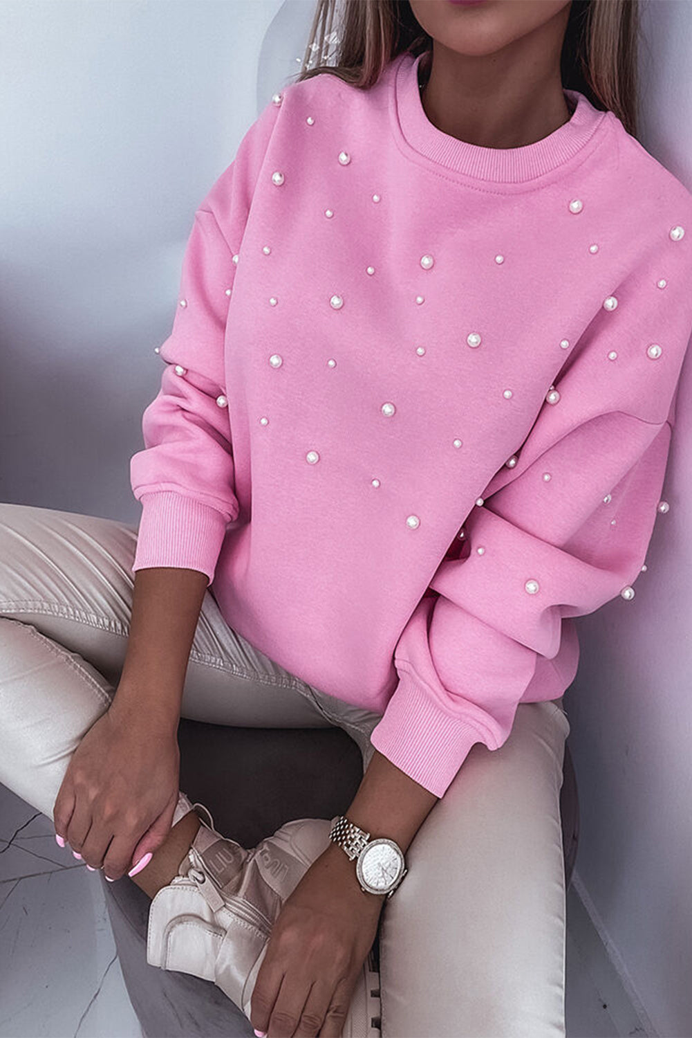 Bonbon Pearl Detail Ribbed Crew Neck Sweatshirt