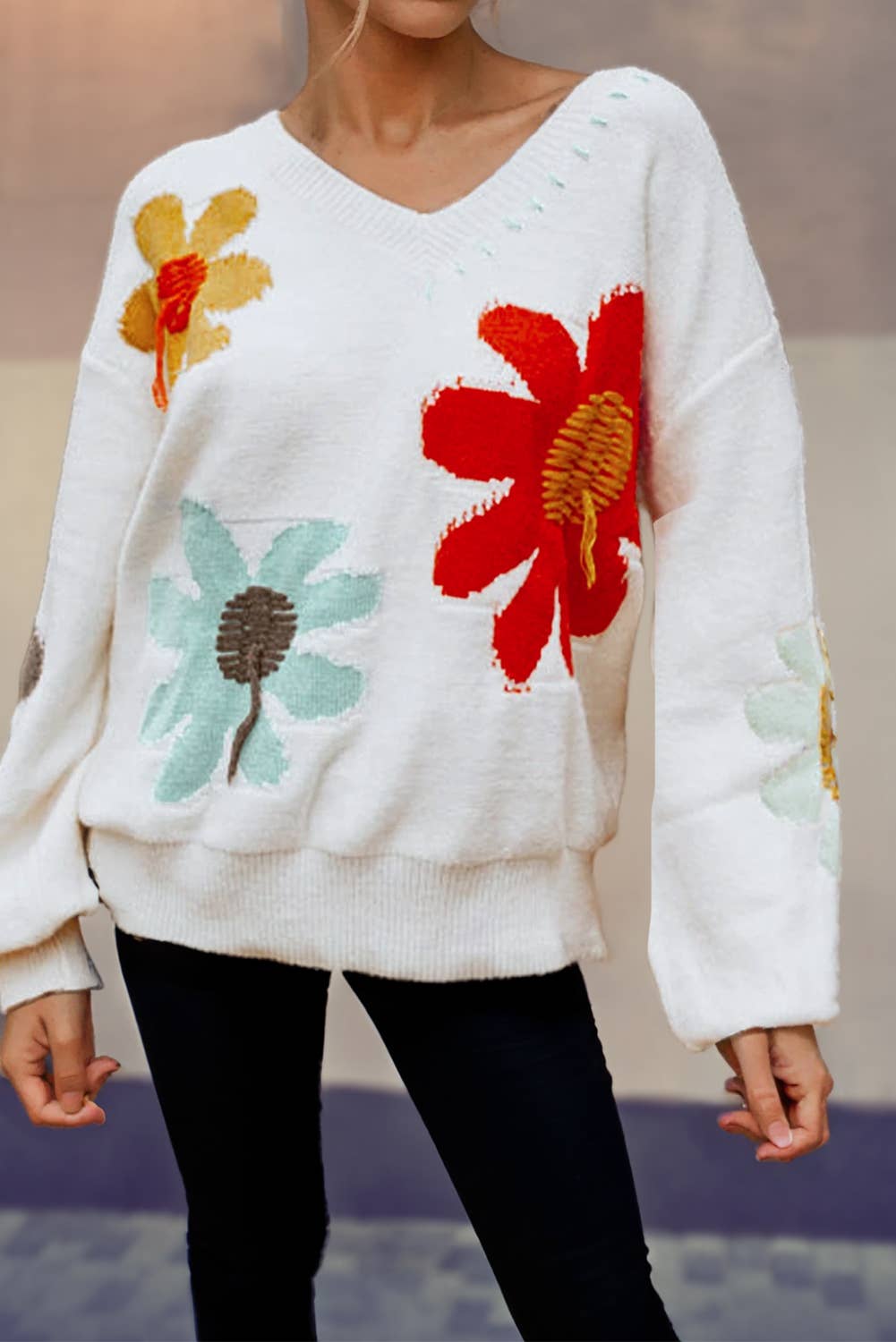 Flower Pattern V Neck Drop Shoulder Sweater | White