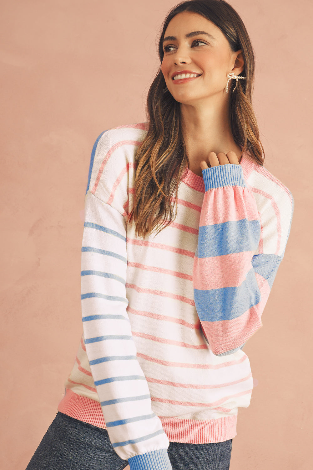 Pale Chestnut Striped Colorblock Pullover Sweater