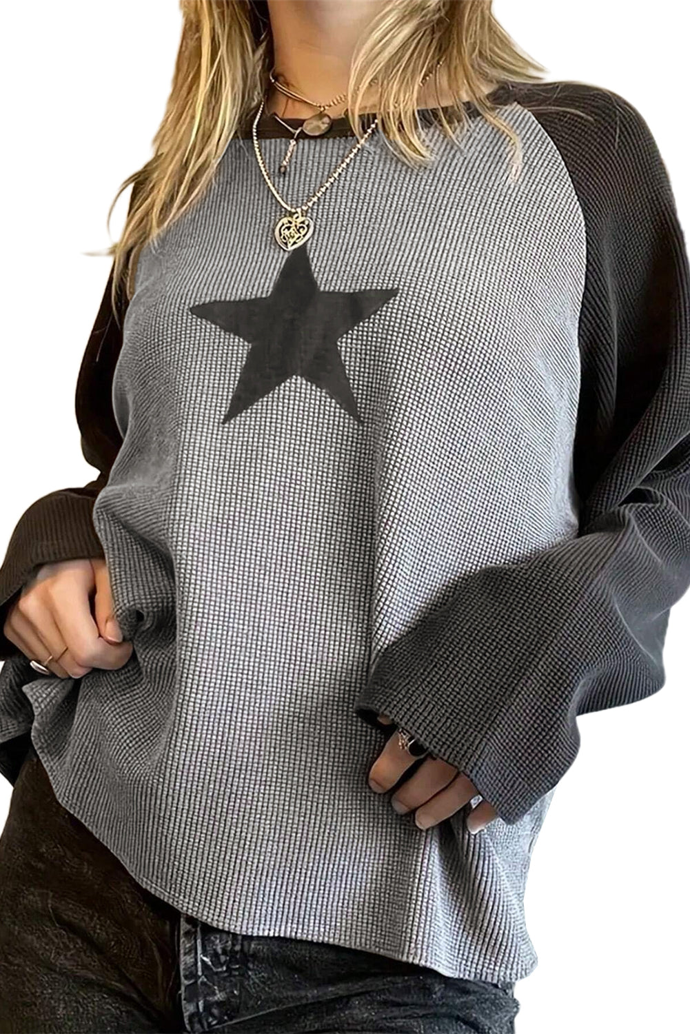 High-rise Waffle Knit Star Graphic Raglan Sleeve Top