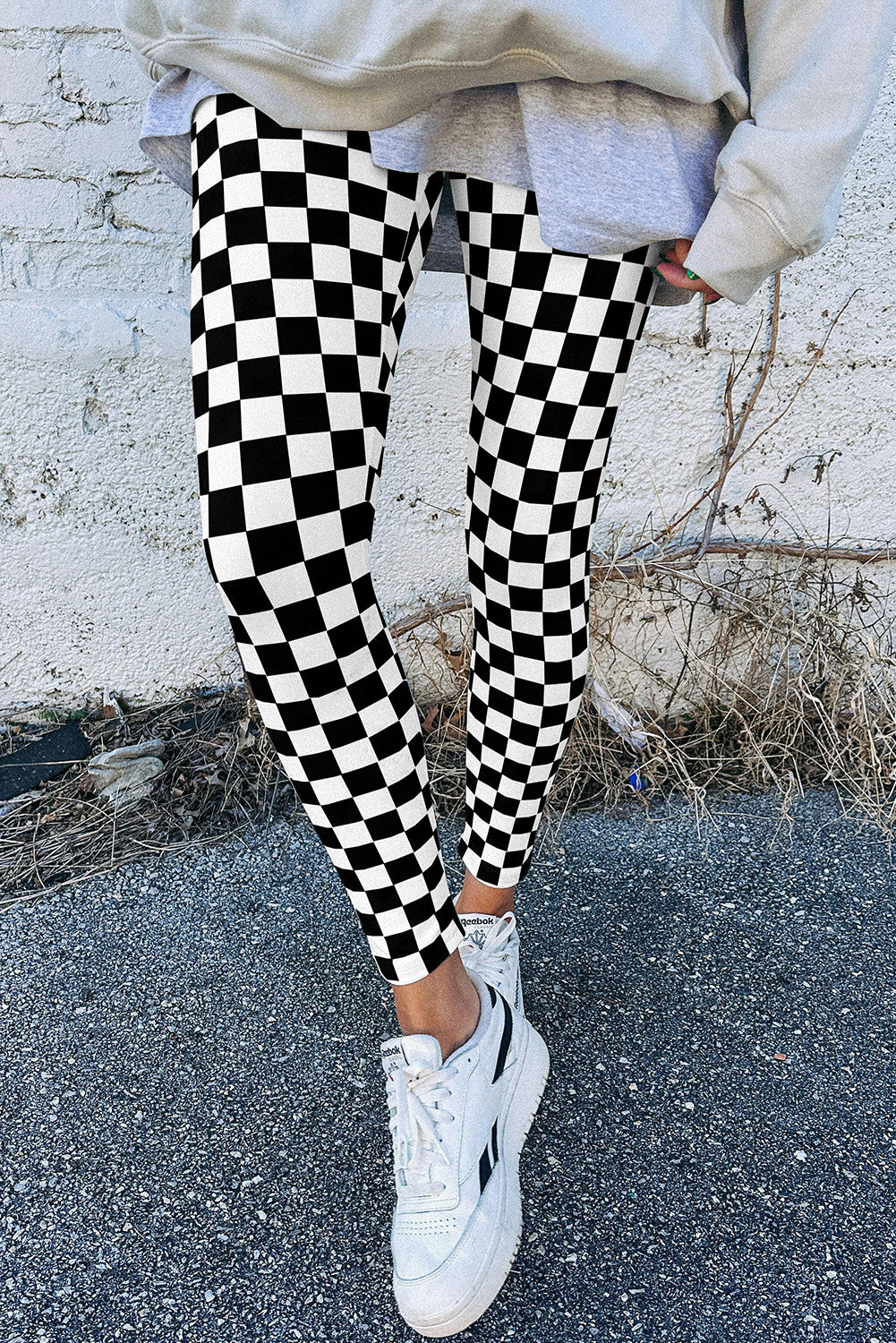 Khaki Checkered Pattern High Waist Skinny Leggings