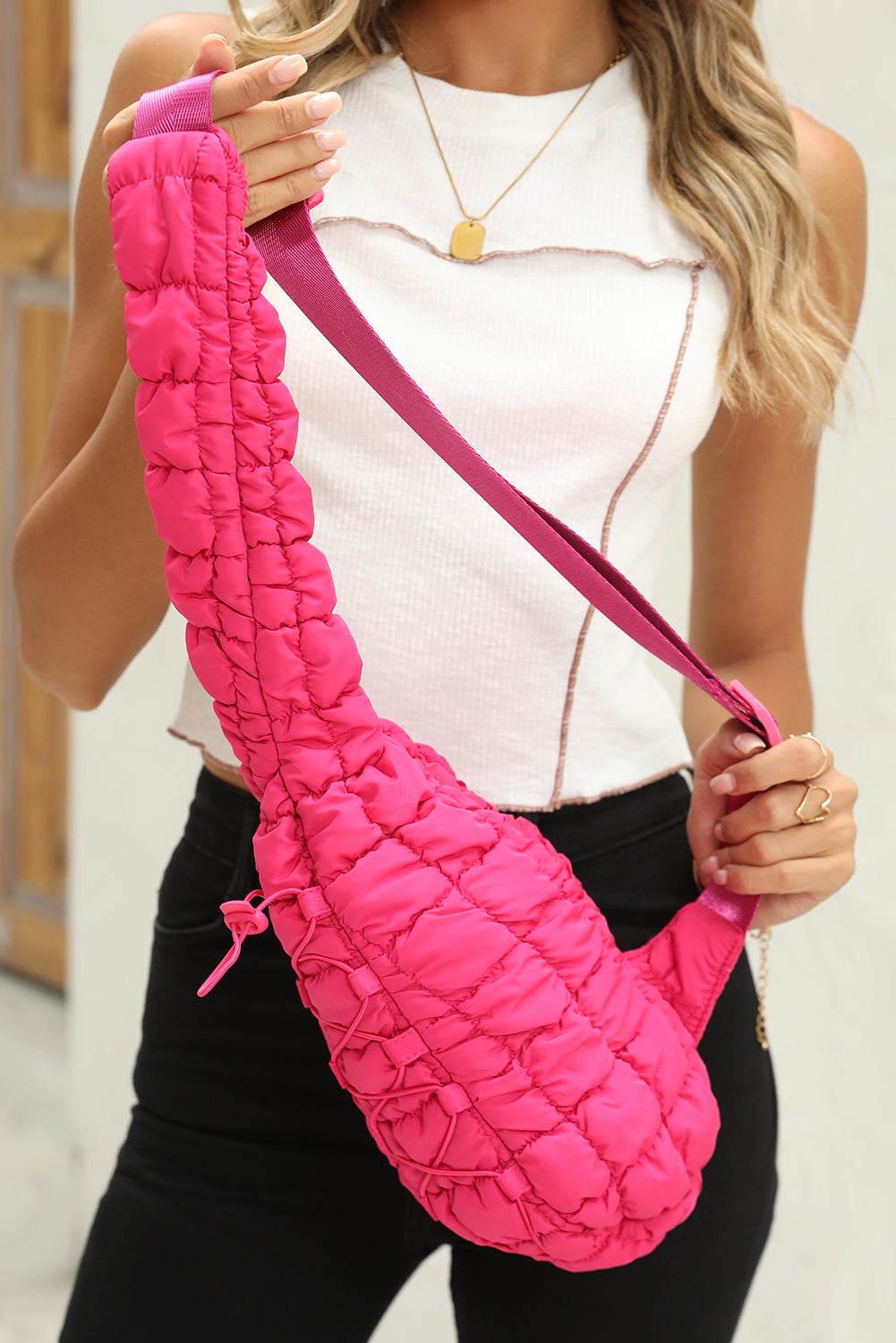 Bright Pink Marshmallow Quilted Drawstring Decor Crossbody Bag