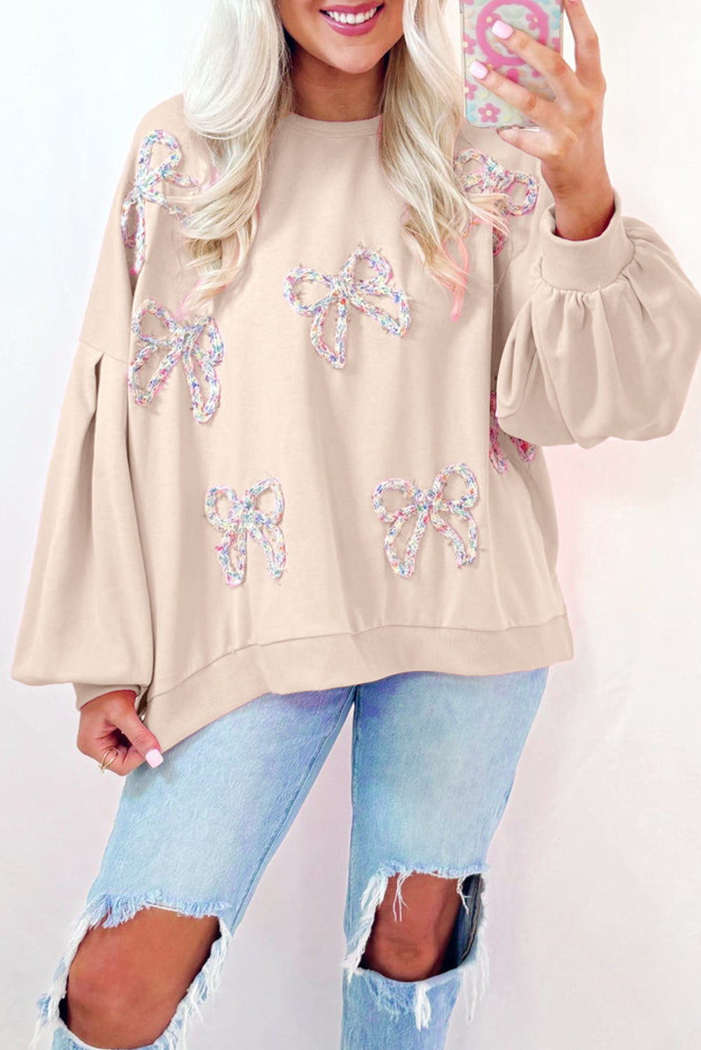 Parchment Sweet Bow Lantern Sleeve Oversized Pullover Sweatshirt