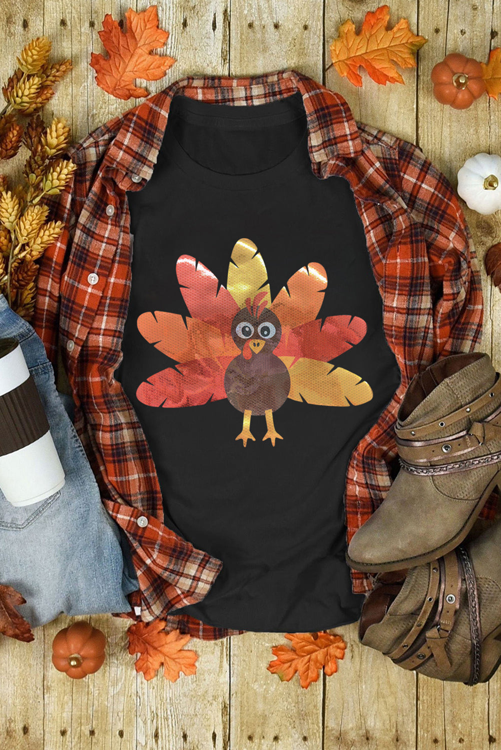 Black Leafy Turkey Graphic Crewneck Thanksgiving T Shirt