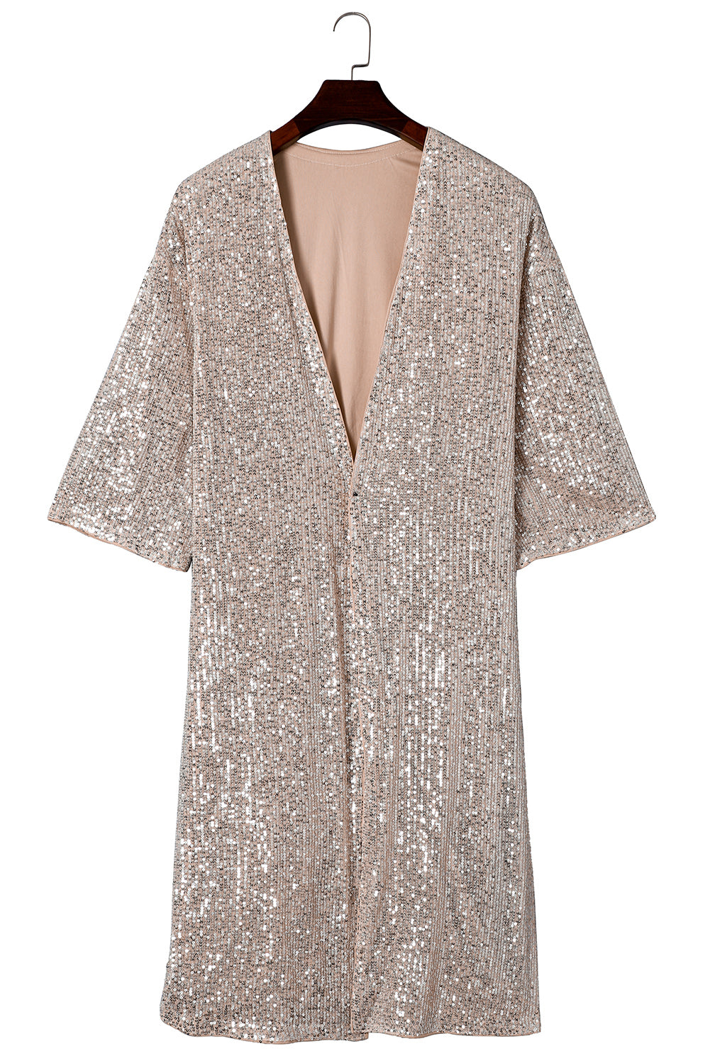 Apricot Sequin 3/4 Sleeve Open Front Duster Cardigan