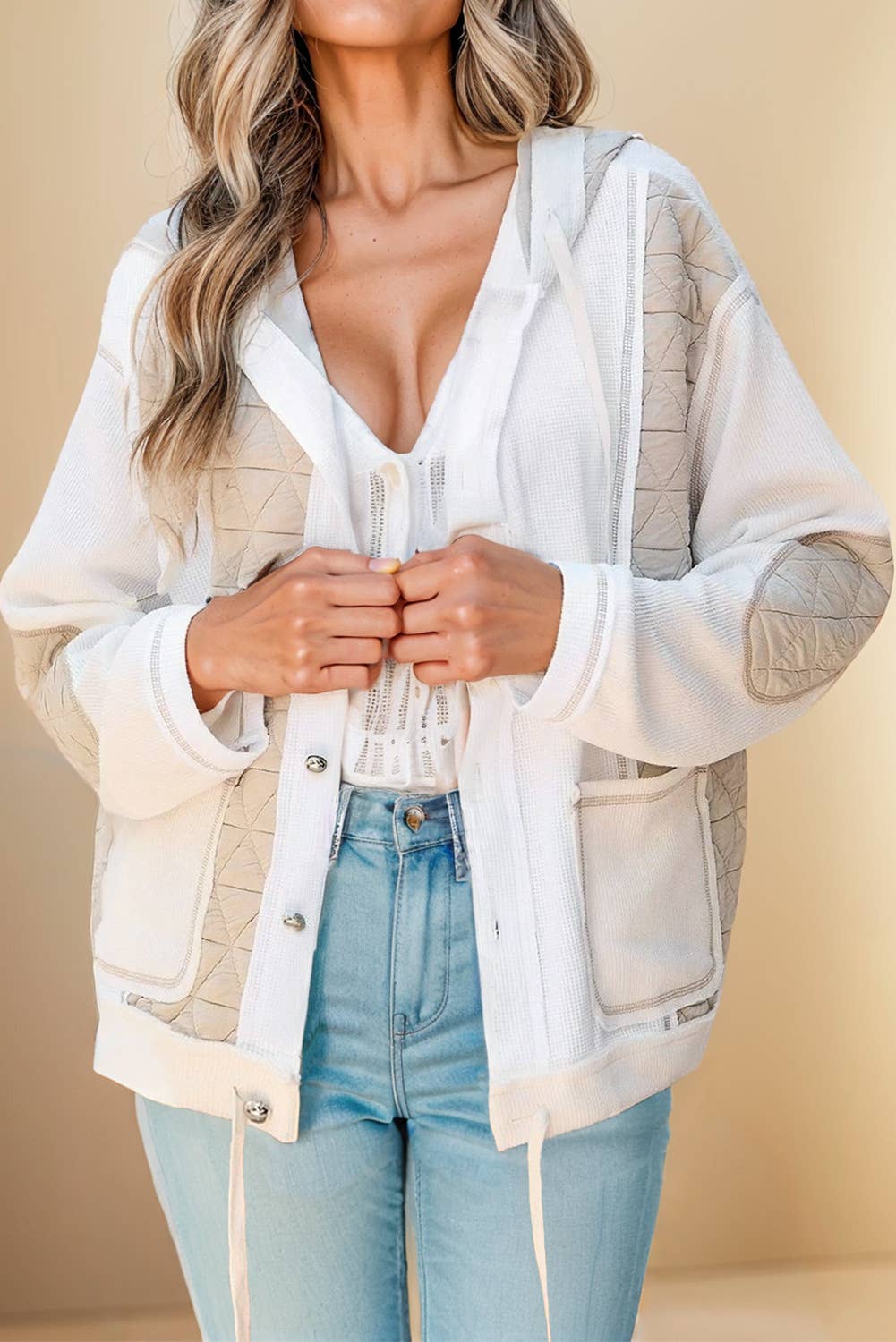 Quilted Textured Patchwork Hooded Jacket | White/Cream