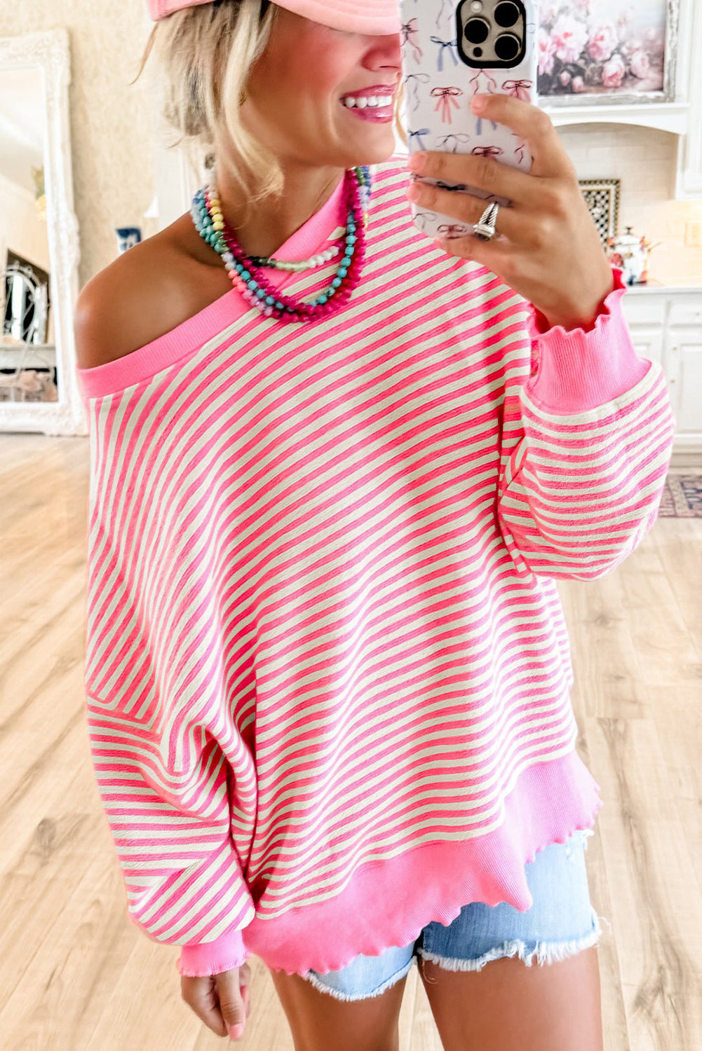 Green Stripe Drop Shoulder Long Sleeve Top