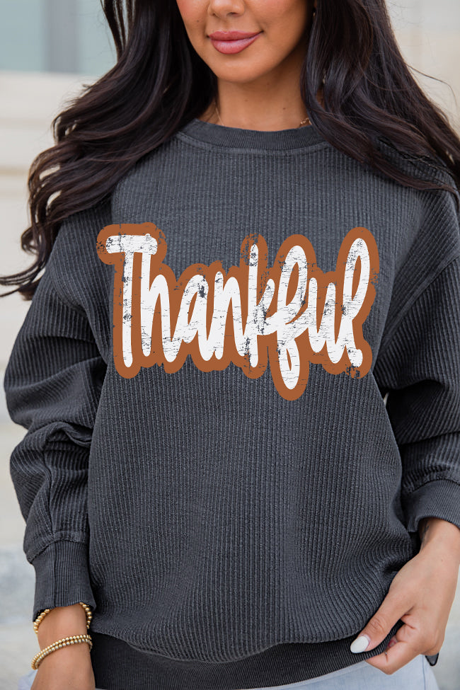 Gray Thankful Drop Shoulder Corded Graphic Thanksgiving Sweatshirt