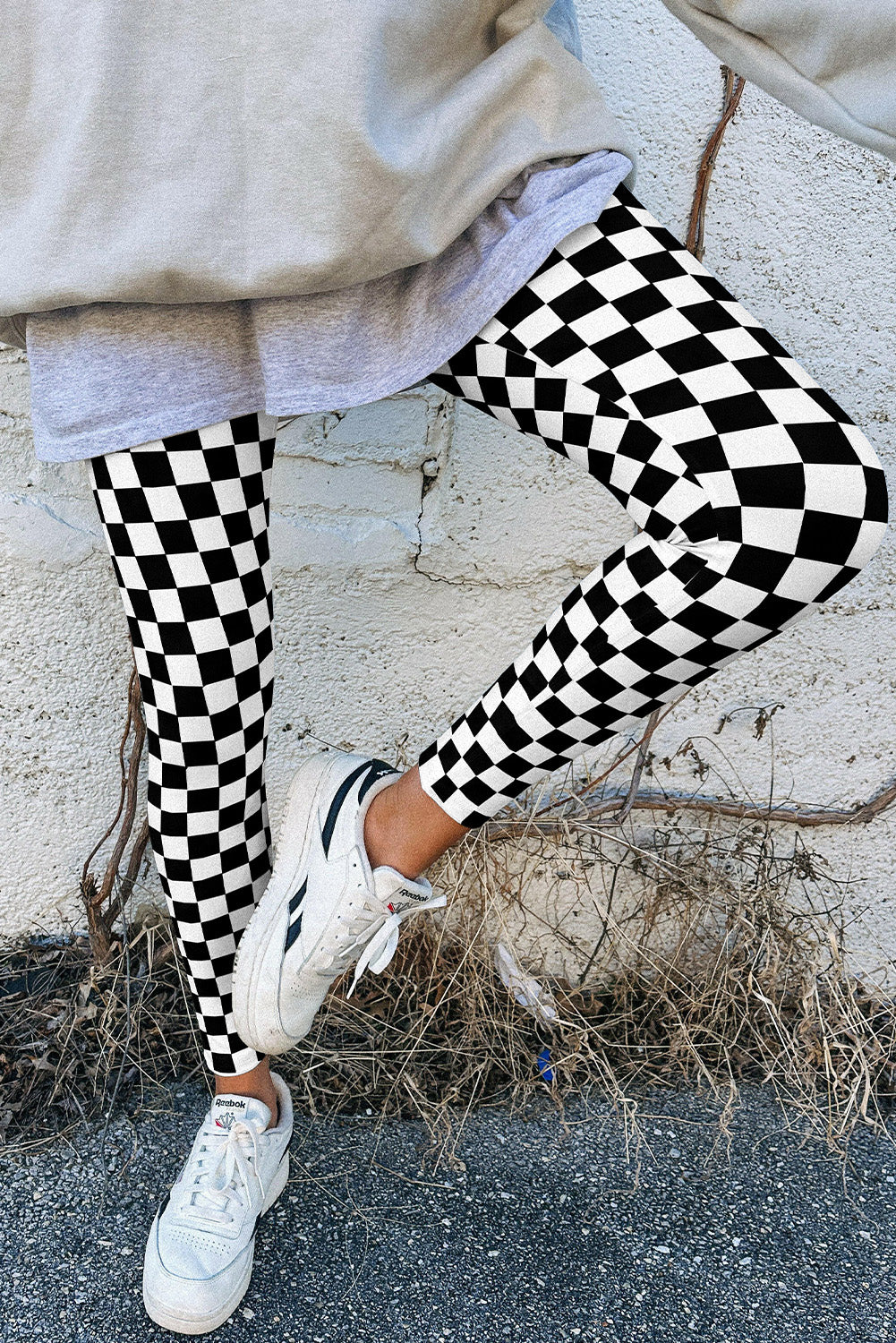 Khaki Checkered Pattern High Waist Skinny Leggings